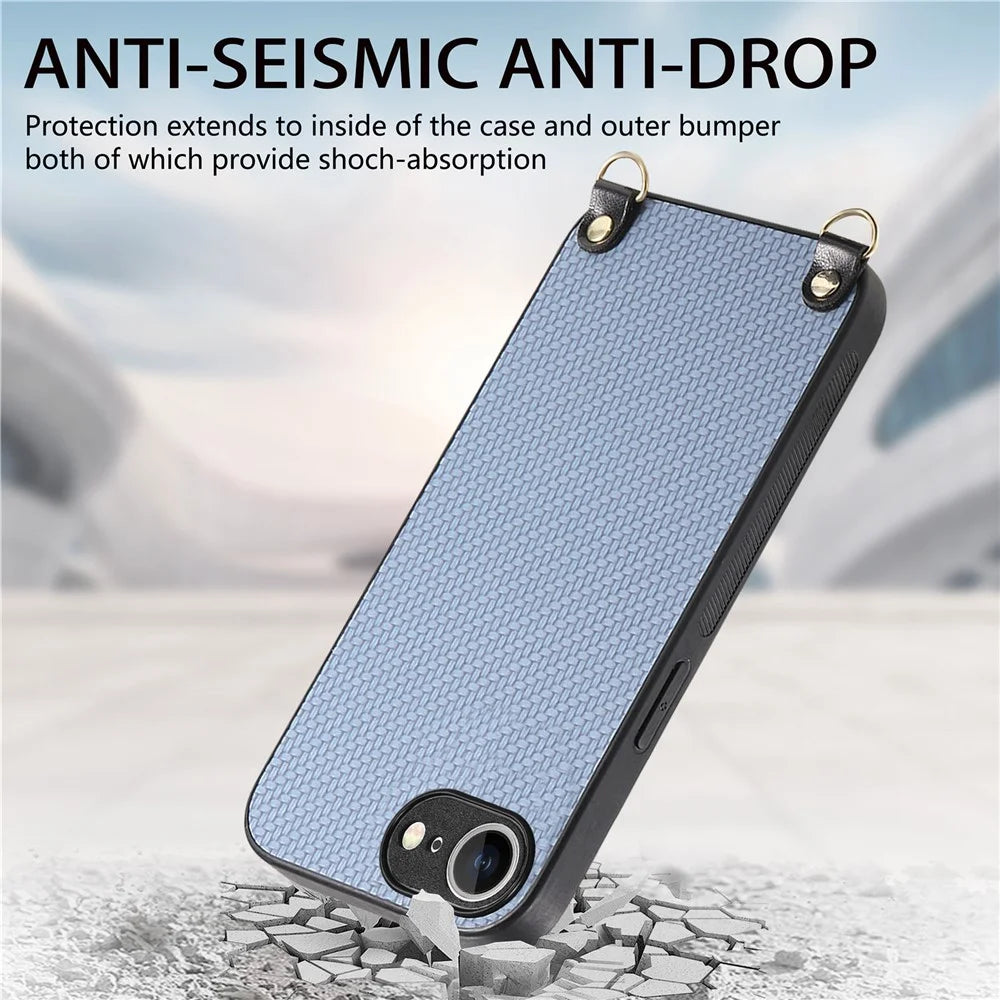 For iPhone 17e / 16e Case Carbon Fiber Texture PU + PC + TPU Anti Drop Phone Cover with Crossbody Lanyard - Blue - 6