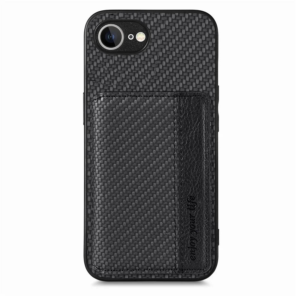 For iPhone 17e / 16e Case RFID Blocking Carbon Fiber Leather Phone Back Cover with Card Holder - Black - 1