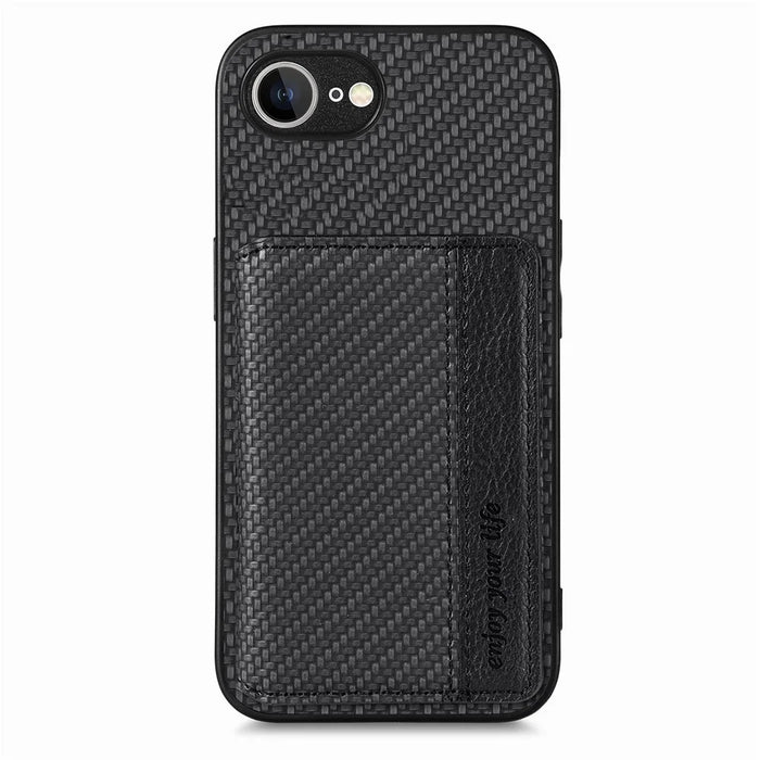 For iPhone 17e / 16e Case RFID Blocking Carbon Fiber Leather Phone Back Cover with Card Holder - Black - 1
