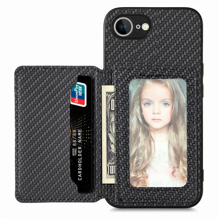 For iPhone 17e / 16e Case RFID Blocking Carbon Fiber Leather Phone Back Cover with Card Holder - Black - 2