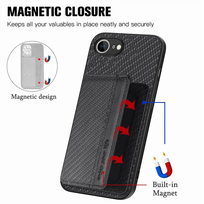 For iPhone 17e / 16e Case RFID Blocking Carbon Fiber Leather Phone Back Cover with Card Holder - Black - 3