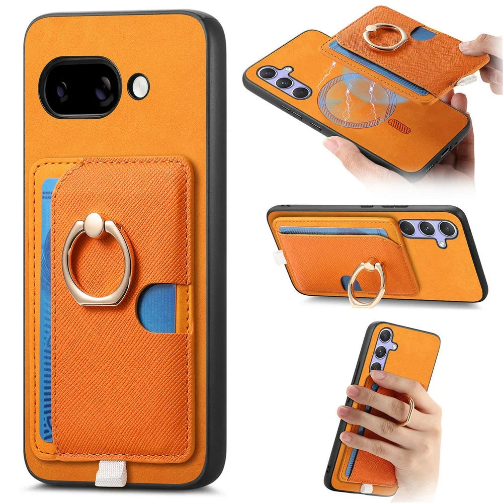 For Google Pixel 9a Case Ring Kickstand Leather + TPU + PC Phone Cover Detachable Card Holder - Orange - 1