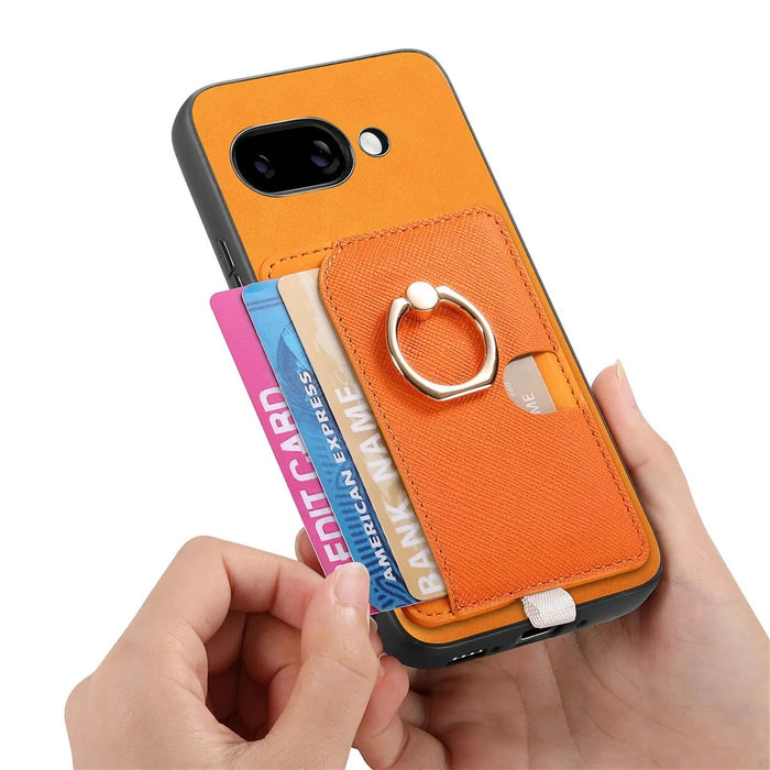 For Google Pixel 9a Case Ring Kickstand Leather + TPU + PC Phone Cover Detachable Card Holder - Orange - 4