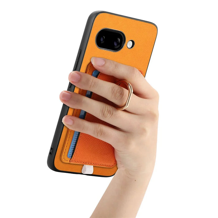 For Google Pixel 9a Case Ring Kickstand Leather + TPU + PC Phone Cover Detachable Card Holder - Orange - 5