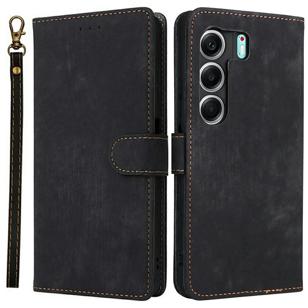 For TECNO Camon 40 4G CM5 Case Wallet RFID Blocking PU Leather Cover Stand with Strap - Black - 1