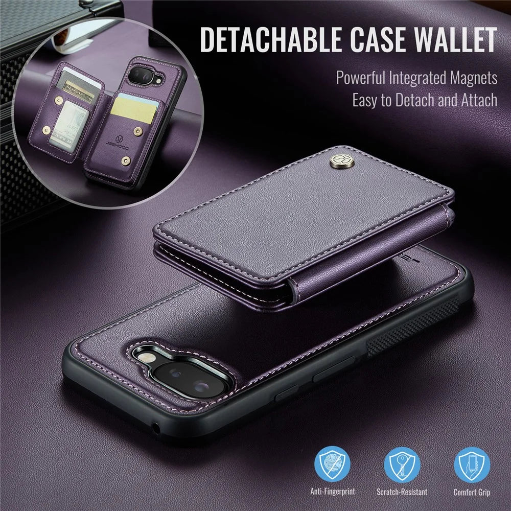 JEEHOOD For Google Pixel 9a Case  J05 Leather Mobile Cover with Detachable Magnetic Card Bag - Purple - 3