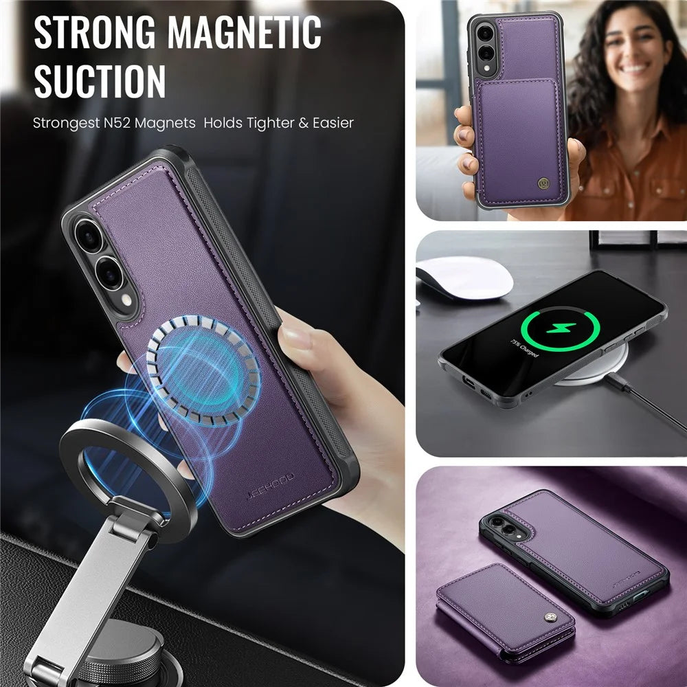 JEEHOOD For Samsung Galaxy S25 Edge Case  J05 Leather Mobile Cover with Detachable Magnetic Card Bag - Purple - 5
