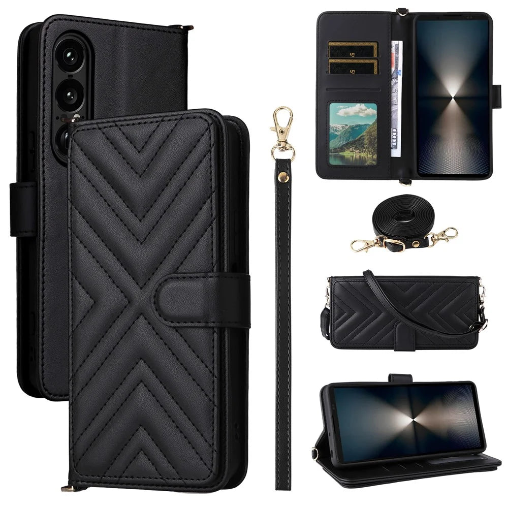 For Sony Xperia 1 VII Wallet Case with Shoulder  /  Wrist Strap Leather Phone Cover Stand - Black - 1
