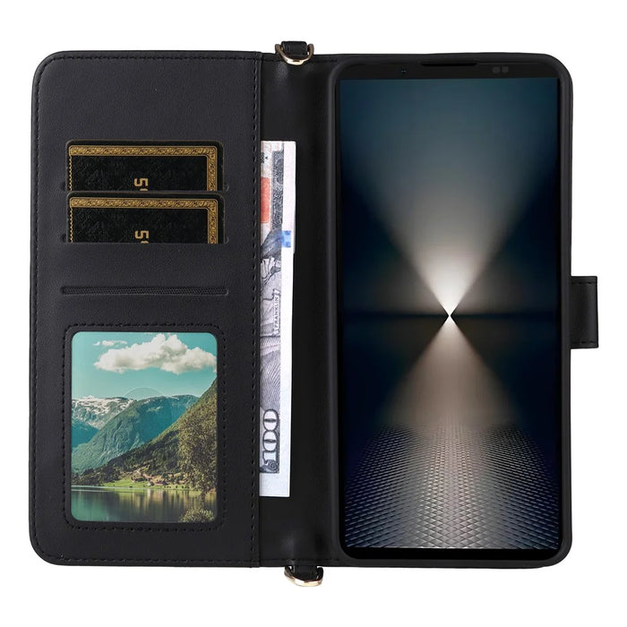 For Sony Xperia 1 VII Wallet Case with Shoulder  /  Wrist Strap Leather Phone Cover Stand - Black - 2