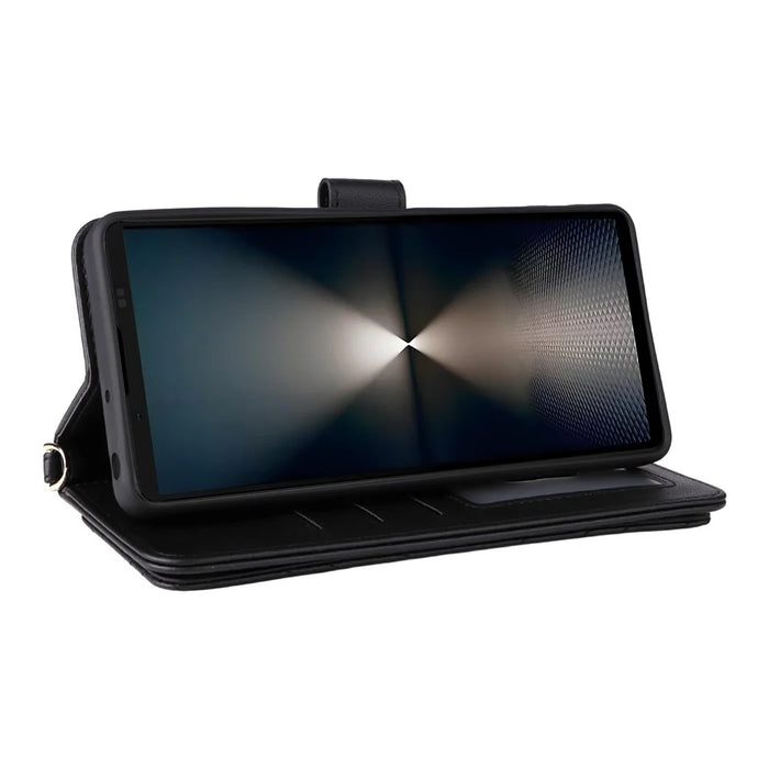For Sony Xperia 1 VII Wallet Case with Shoulder  /  Wrist Strap Leather Phone Cover Stand - Black - 3