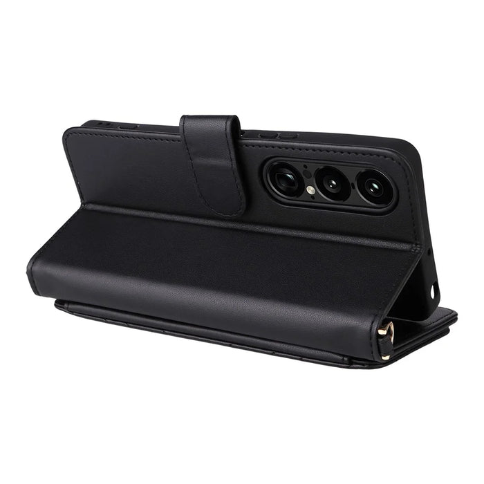 For Sony Xperia 1 VII Wallet Case with Shoulder  /  Wrist Strap Leather Phone Cover Stand - Black - 4