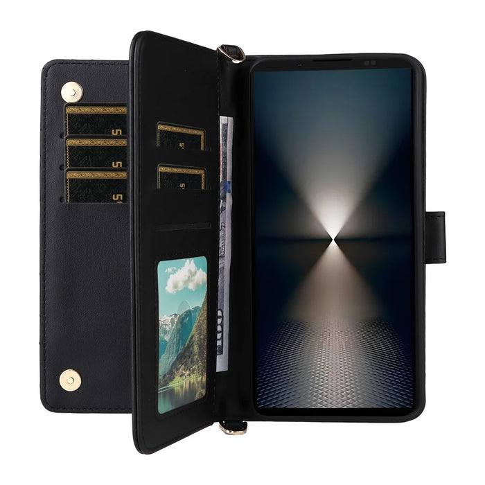 For Sony Xperia 1 VII Wallet Case with Shoulder  /  Wrist Strap Leather Phone Cover Stand - Black - 6