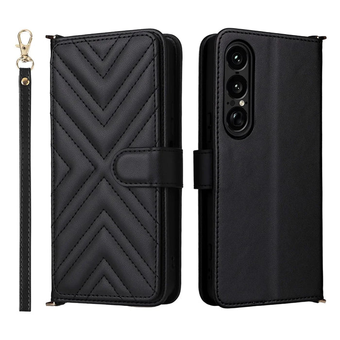 For Sony Xperia 1 VII Wallet Case with Shoulder  /  Wrist Strap Leather Phone Cover Stand - Black - 7