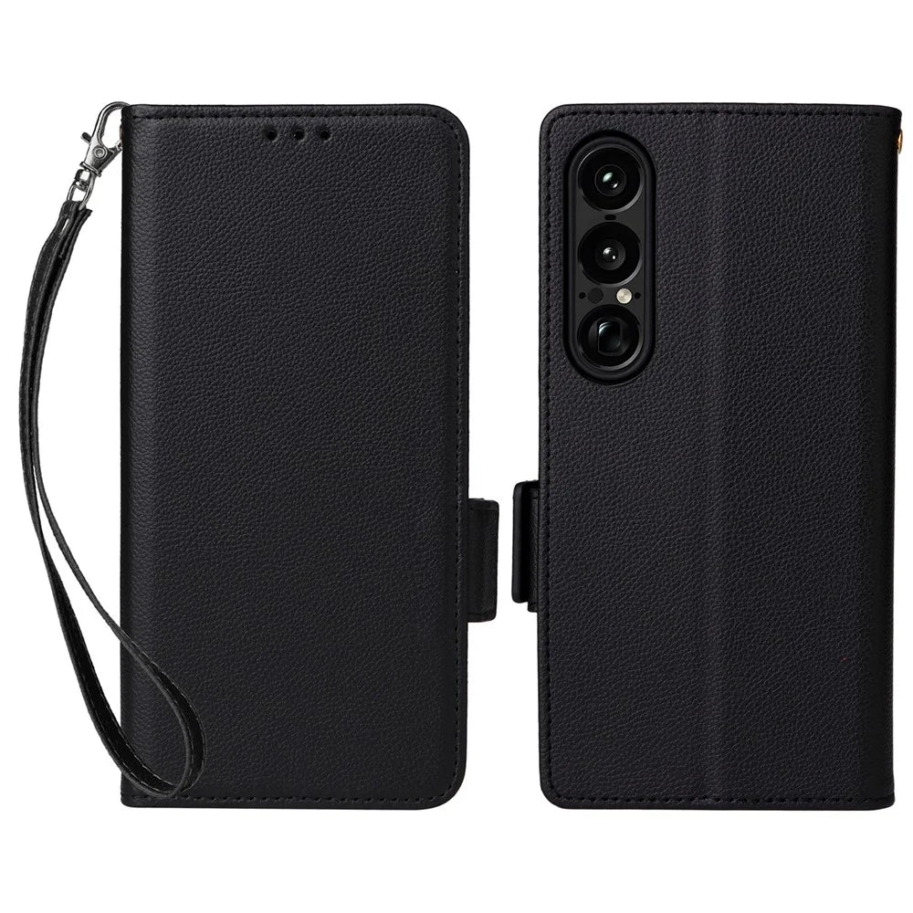 For Sony Xperia 1 VII Case with Wrist Strap Litchi Texture PU Leather Wallet Phone Cover - Black - 1