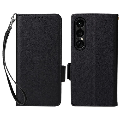 For Sony Xperia 1 VII Case with Wrist Strap Litchi Texture PU Leather Wallet Phone Cover - Black - 1