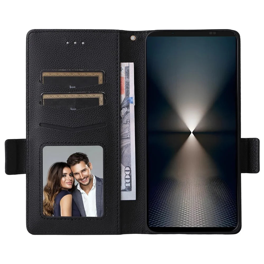 For Sony Xperia 1 VII Case with Wrist Strap Litchi Texture PU Leather Wallet Phone Cover - Black - 2