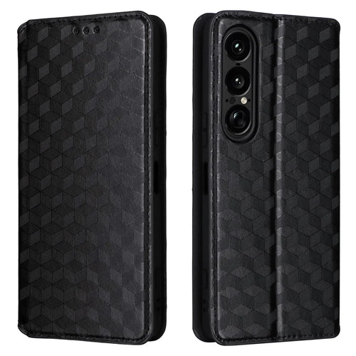 For Sony Xperia 1 VII Case Wallet Rhombus Imprinted Leather Phone Cover - Black - 1