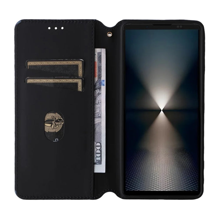 For Sony Xperia 1 VII Case Wallet Rhombus Imprinted Leather Phone Cover - Black - 2