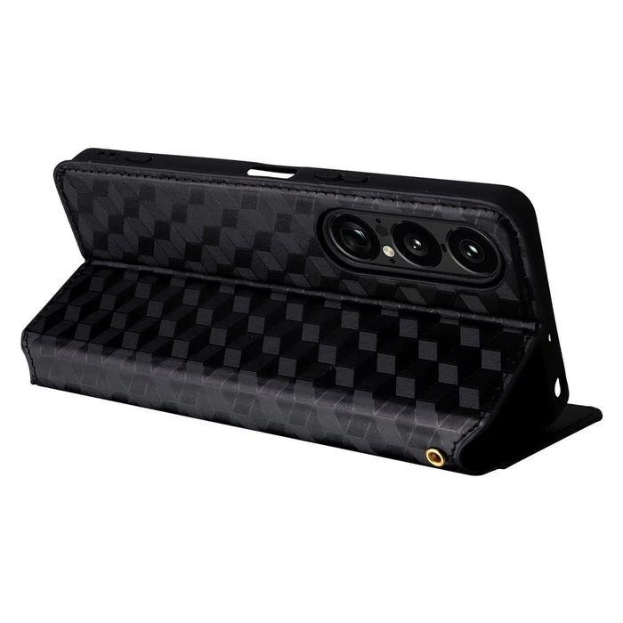 For Sony Xperia 1 VII Case Wallet Rhombus Imprinted Leather Phone Cover - Black - 4