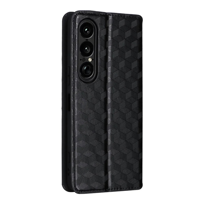 For Sony Xperia 1 VII Case Wallet Rhombus Imprinted Leather Phone Cover - Black - 6