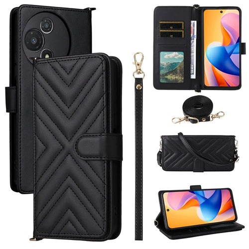 For TCL 60R 5G  /  60 5G Wallet Case with Shoulder  /  Wrist Strap Leather Phone Cover Stand - Black - 1