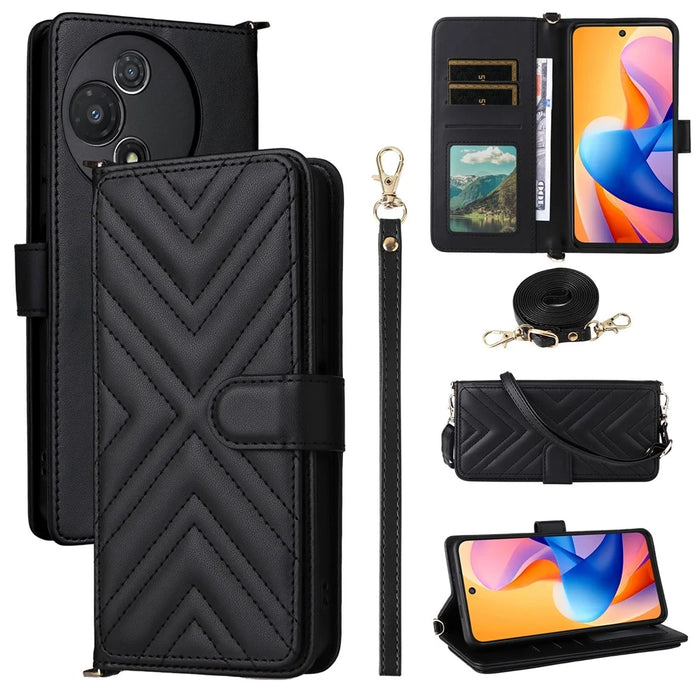 For TCL 60R 5G  /  60 5G Wallet Case with Shoulder  /  Wrist Strap Leather Phone Cover Stand - Black - 1