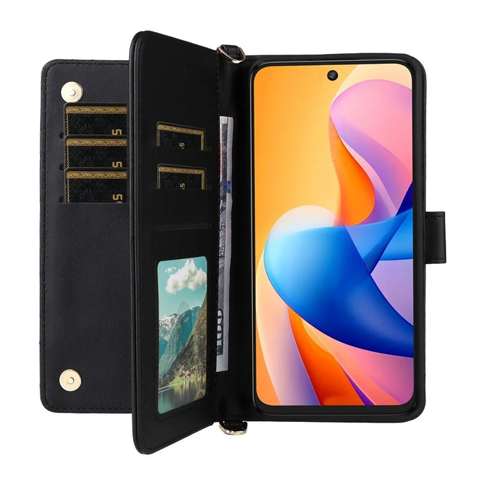 For TCL 60R 5G  /  60 5G Wallet Case with Shoulder  /  Wrist Strap Leather Phone Cover Stand - Black - 6