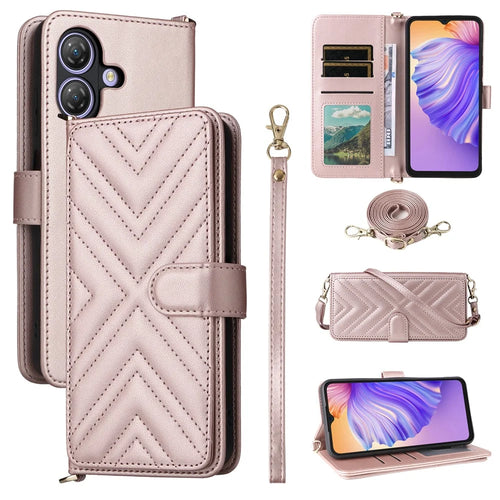 For Ulefone Note 21 Wallet Case with Shoulder  /  Wrist Strap Leather Phone Cover Stand - Pink - 1