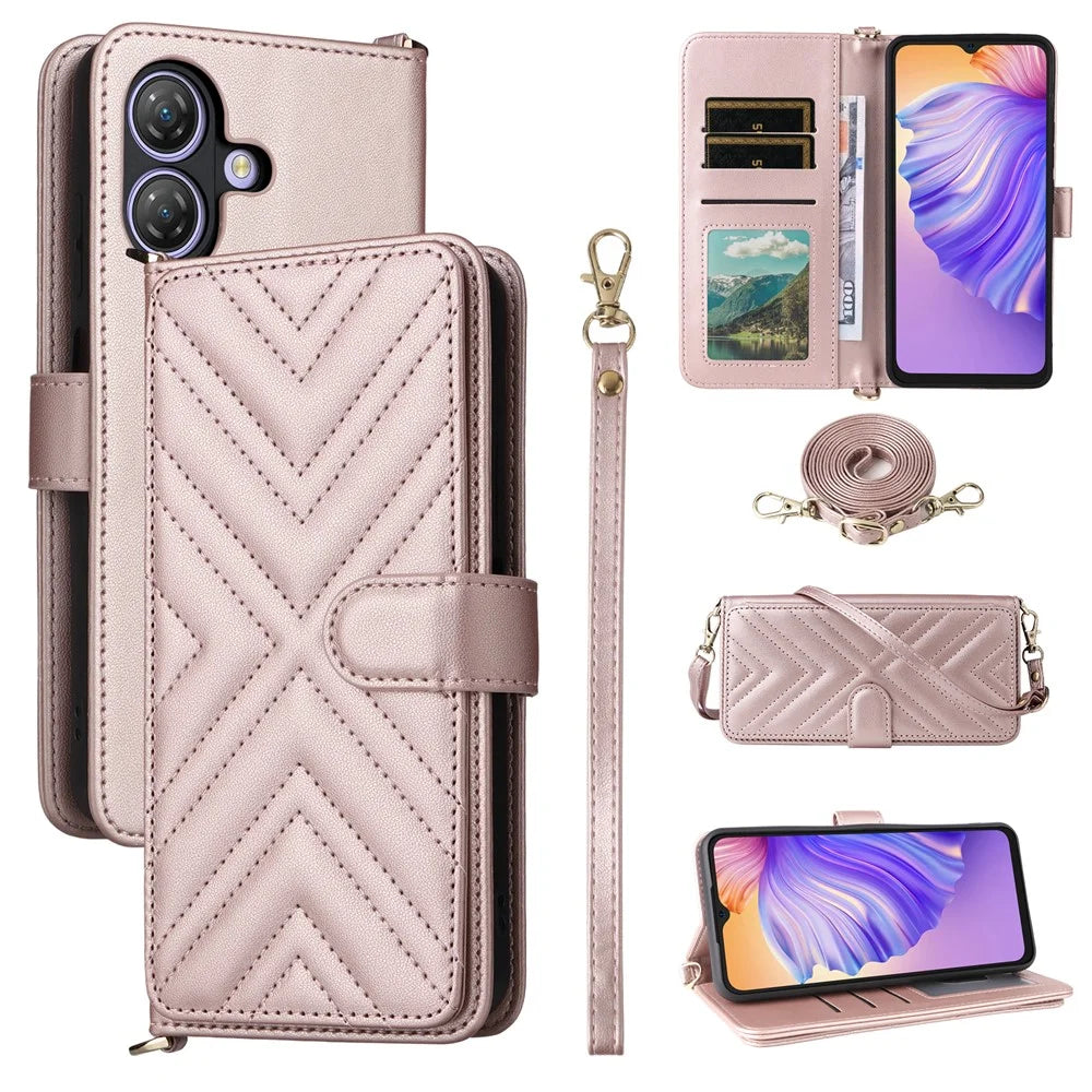 For Ulefone Note 21 Wallet Case with Shoulder  /  Wrist Strap Leather Phone Cover Stand - Pink - 1