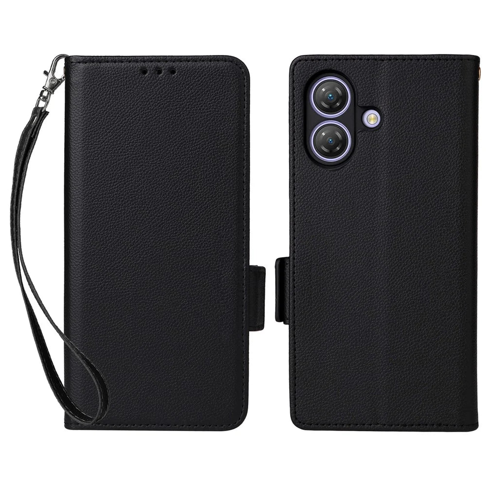 For Ulefone Note 21 Case with Wrist Strap Litchi Texture PU Leather Wallet Phone Cover - Black - 1