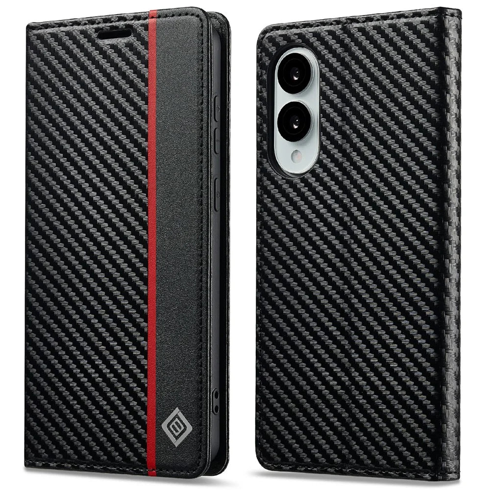 LC.IMEEKE For Samsung Galaxy S25 Edge Case Carbon Fiber Texture Phone Cover Stand Card Holder - Vertical Stripe - 1