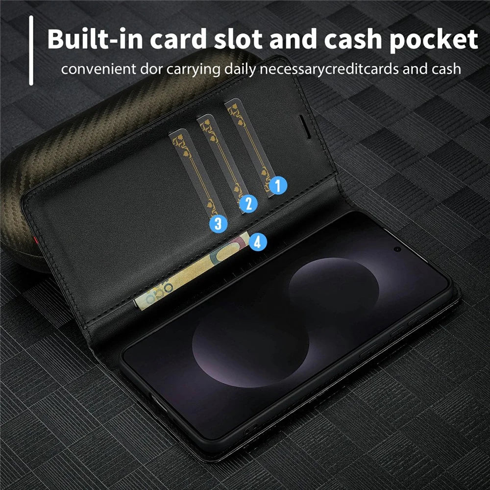 LC.IMEEKE For Samsung Galaxy S25 Edge Case Carbon Fiber Texture Phone Cover Stand Card Holder - Vertical Stripe - 5