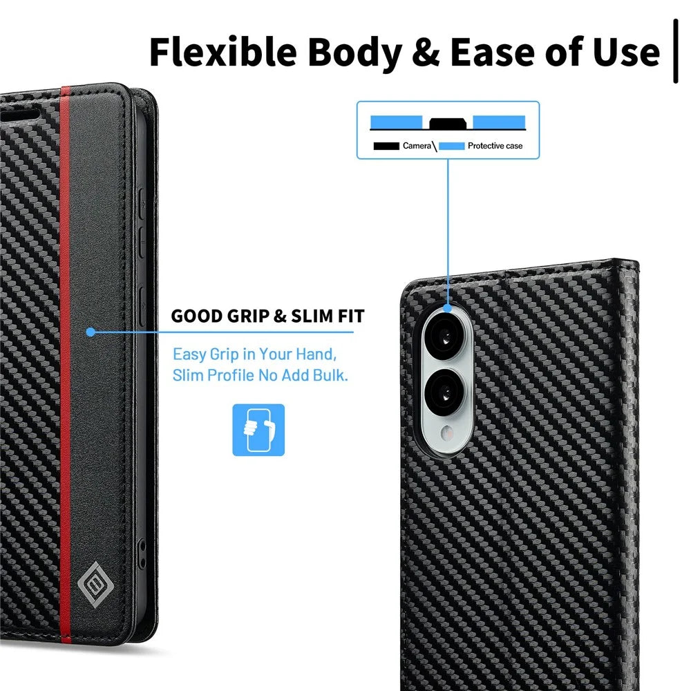 LC.IMEEKE For Samsung Galaxy S25 Edge Case Carbon Fiber Texture Phone Cover Stand Card Holder - Vertical Stripe - 7