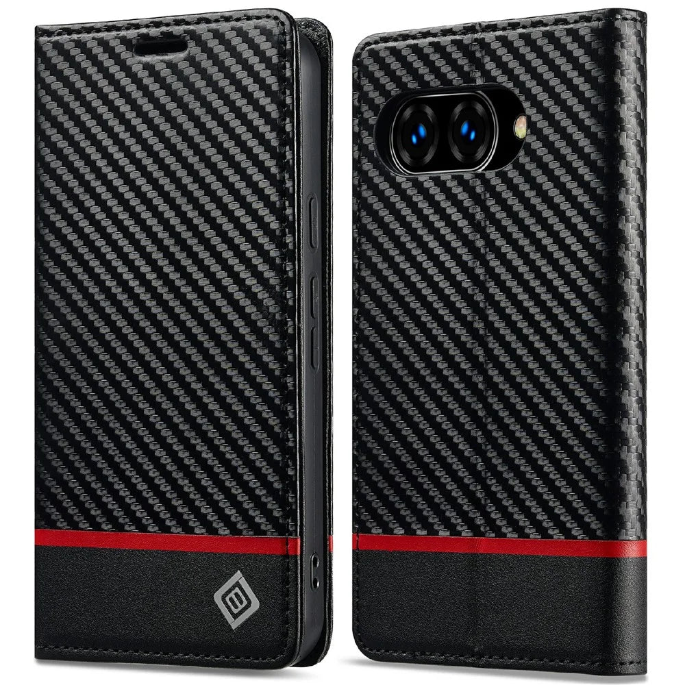 LC.IMEEKE For Google Pixel 9a Case Carbon Fiber Texture Phone Cover Stand Card Holder - Horizontal Stripe - 1