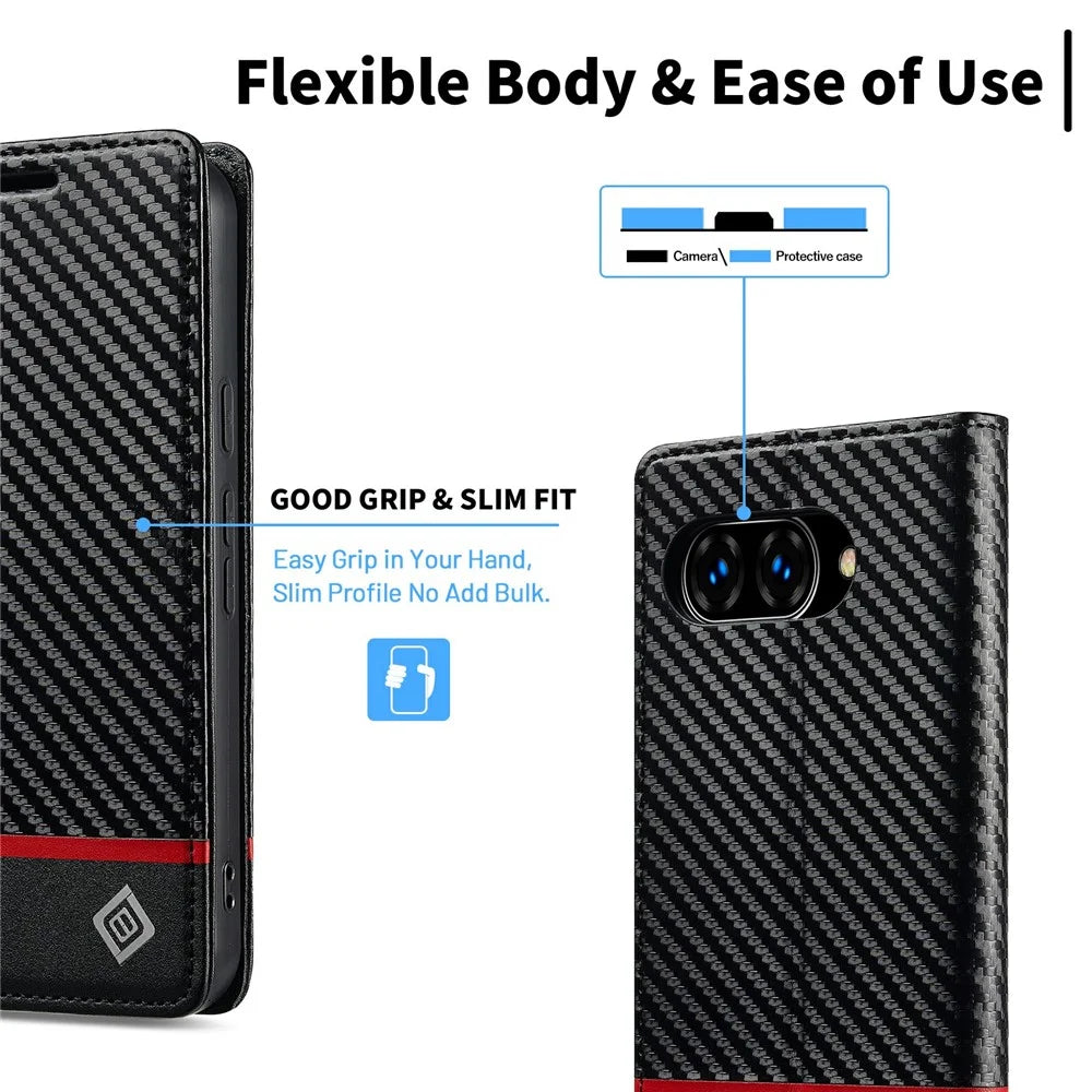 LC.IMEEKE For Google Pixel 9a Case Carbon Fiber Texture Phone Cover Stand Card Holder - Horizontal Stripe - 7