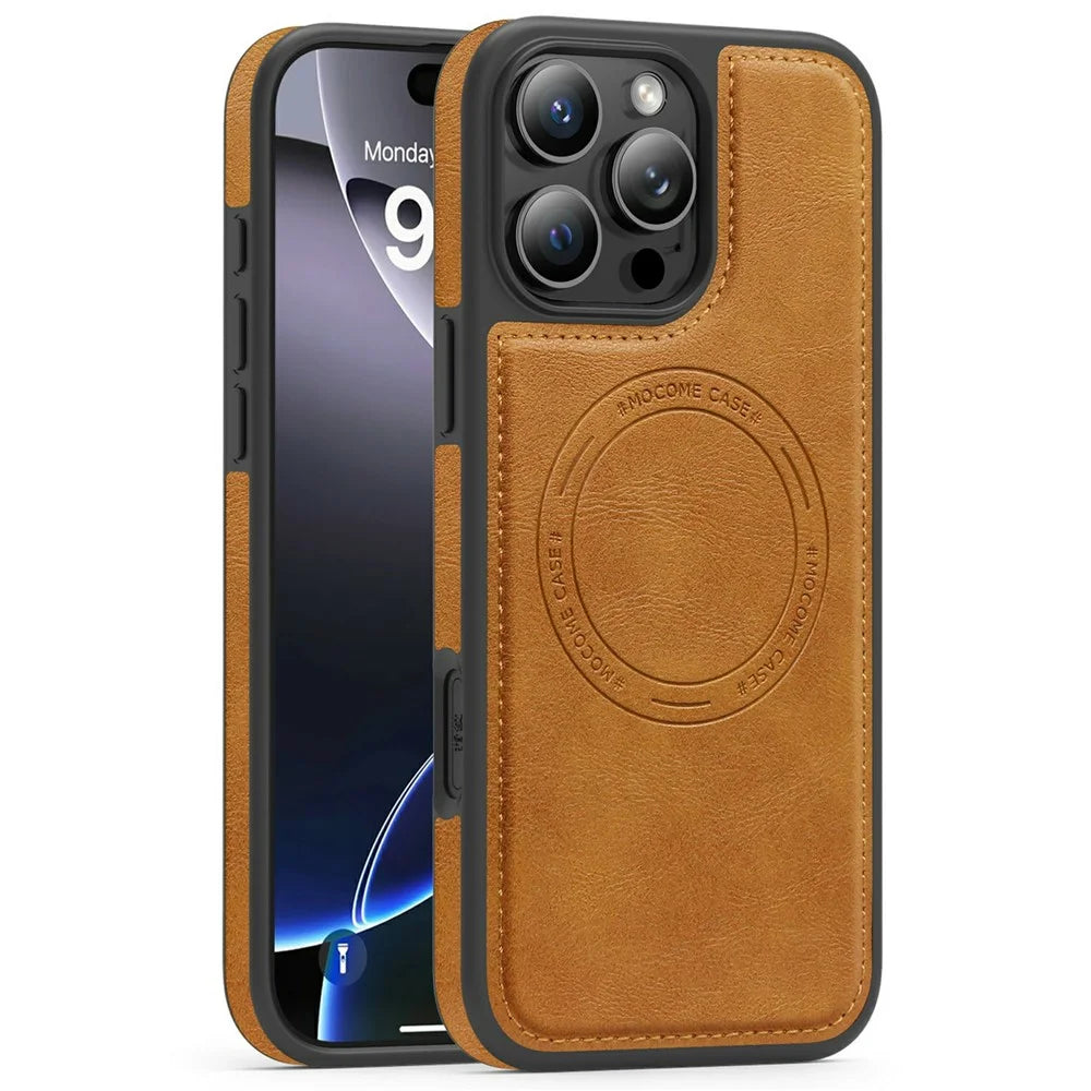 For iPhone 16 Pro Case Compatible with MagSafe Leather Back Phone Cover - Brown - 1