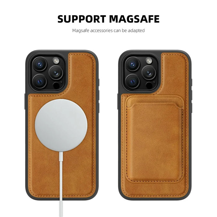For iPhone 16 Pro Case Compatible with MagSafe Leather Back Phone Cover - Brown - 3