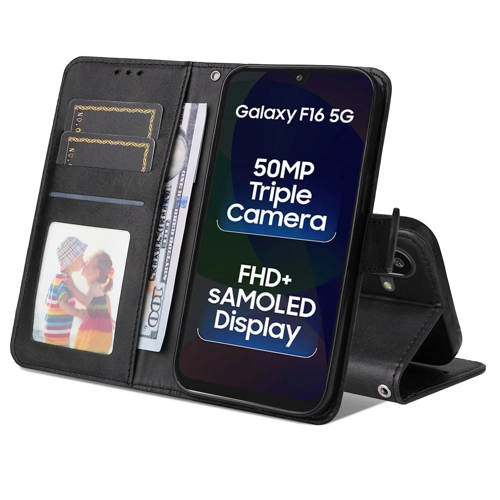 For Samsung Galaxy F16 5G / Galaxy M16 5G Case Wallet PU Leather Folio Flip Phone Cover - Black - 2
