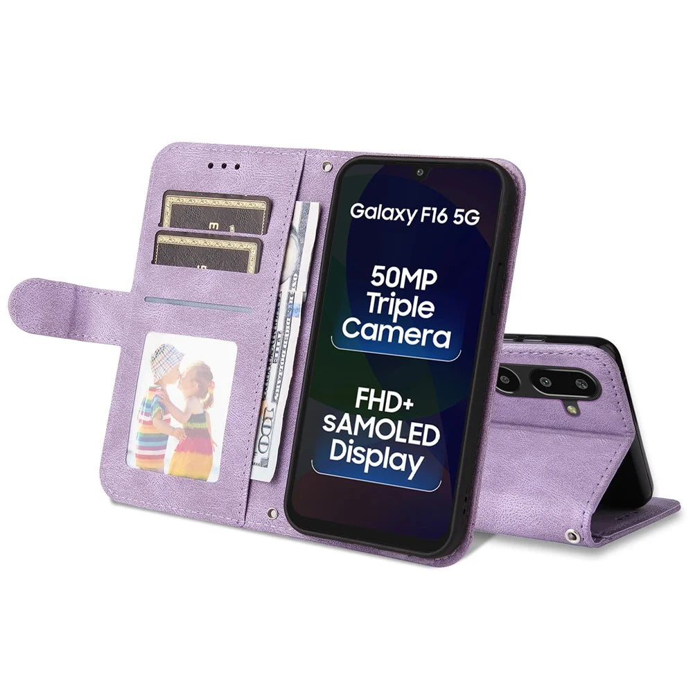 For Samsung Galaxy F16 5G / Galaxy M16 5G Leather Wallet Cases Skin Touch Phone Cover Stand with Strap - Purple - 3