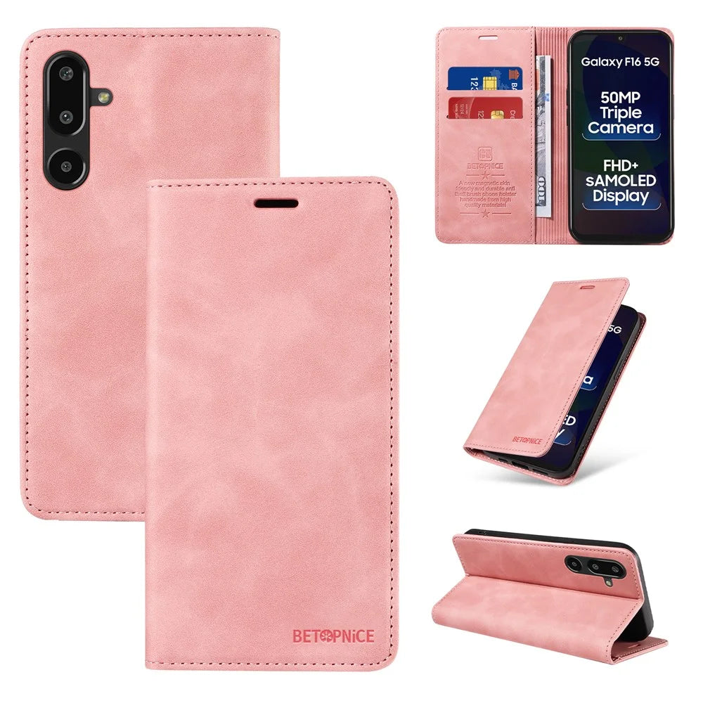 BETOPNICE For Samsung Galaxy F16 5G / Galaxy M16 5G Case  Magnetic Closure RFID Blocking Wallet Stand Leather Phone Cover - Pink - 3