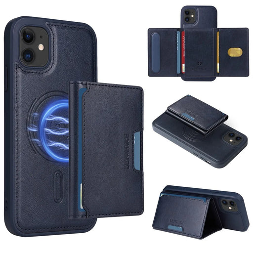 BETOPNICE For iPhone 11 Magnetic Case  Leather Phone Cover Kickstand with Detachable Card Bag - Blue - 1