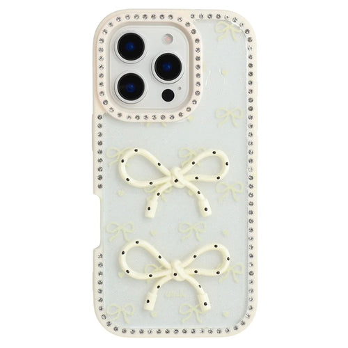 For iPhone 16 Pro Case Two Bow Epoxy Design TPU + PC Phone Back Cover Rhinestone Decor - Beige - 1