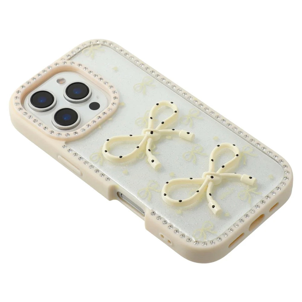 For iPhone 16 Pro Case Two Bow Epoxy Design TPU + PC Phone Back Cover Rhinestone Decor - Beige - 3