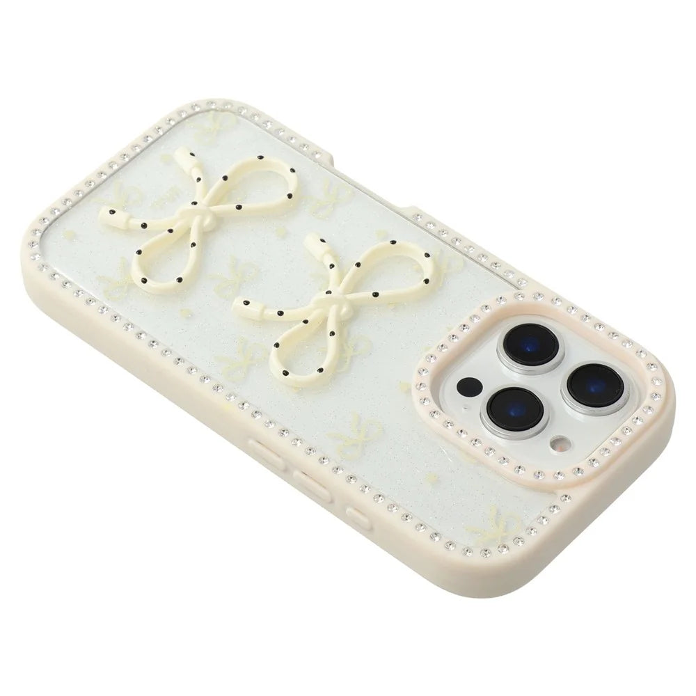 For iPhone 16 Pro Case Two Bow Epoxy Design TPU + PC Phone Back Cover Rhinestone Decor - Beige - 4