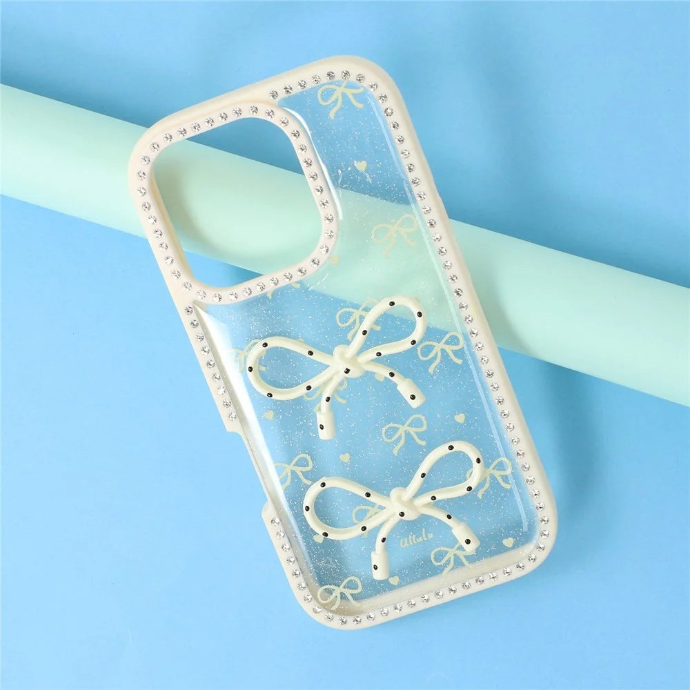 For iPhone 16 Pro Case Two Bow Epoxy Design TPU + PC Phone Back Cover Rhinestone Decor - Beige - 5