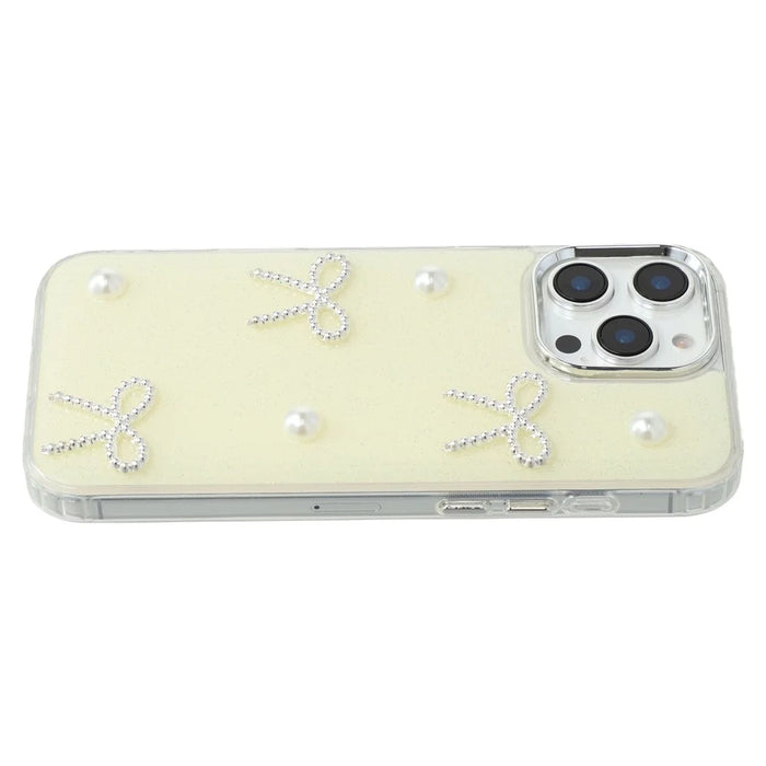 For iPhone 16 Pro Max Case Pearl Bow Epoxy Design TPU + PC Phone Back Cover - Light Yellow - 4