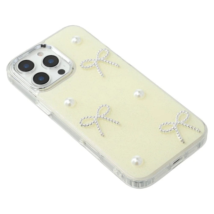 For iPhone 16 Pro Max Case Pearl Bow Epoxy Design TPU + PC Phone Back Cover - Light Yellow - 6