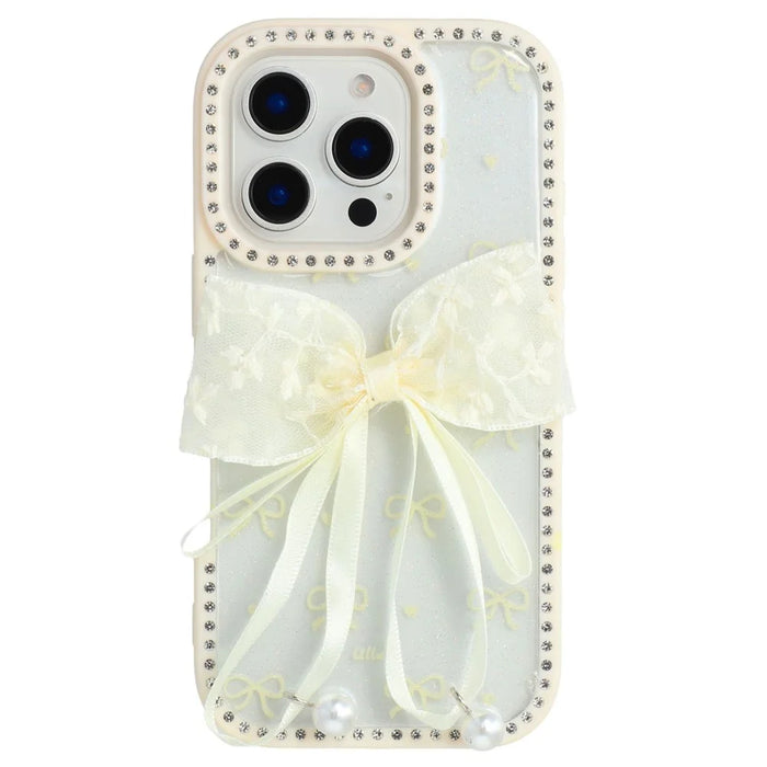 For iPhone 16 Pro Case Two Bow Epoxy Design TPU + PC Phone Back Cover Rhinestone Decor - Beige - 3
