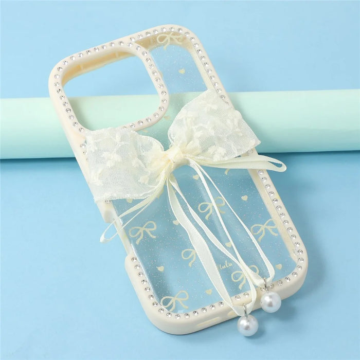 For iPhone 16 Pro Case Two Bow Epoxy Design TPU + PC Phone Back Cover Rhinestone Decor - Beige - 7