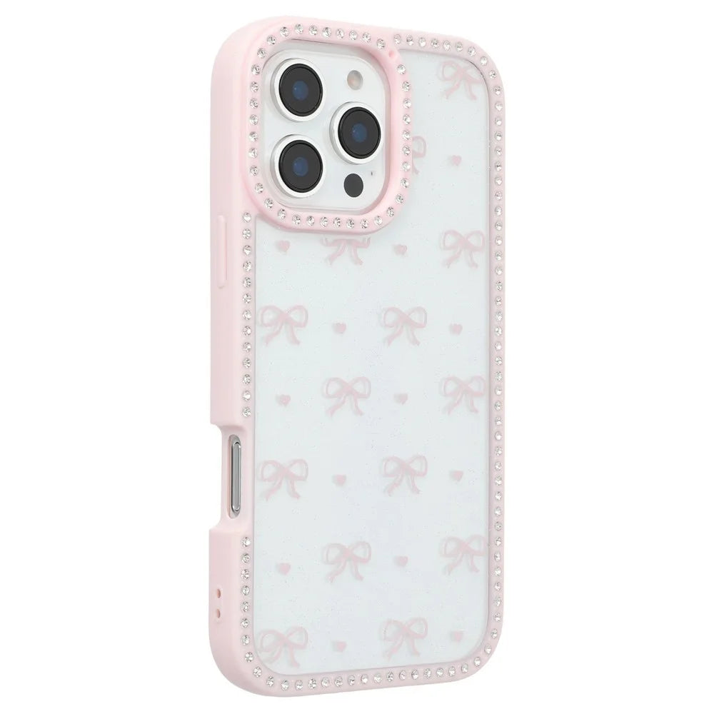 For iPhone 16 Pro Max Case Epoxy Design TPU + PC Phone Cover with Bowknot Pattern, Rhinestone Decor - Pink - 1